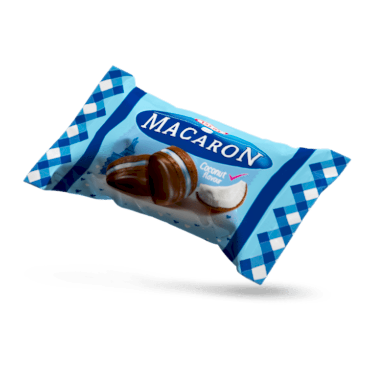 Macaron - Hindistan Cevizi Aromalı, Krema Dolgulu, Pirinç Patlaklı Sütlü Kokolin